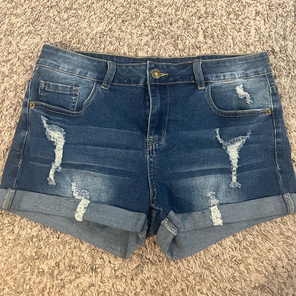 Blue Distressed Jean Shorts with Cuffed Hems